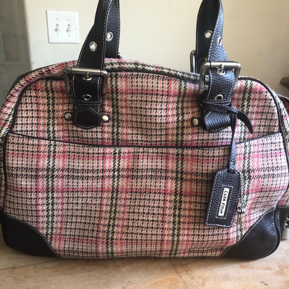 Ezra Fitch pink brown and cream colored tote.